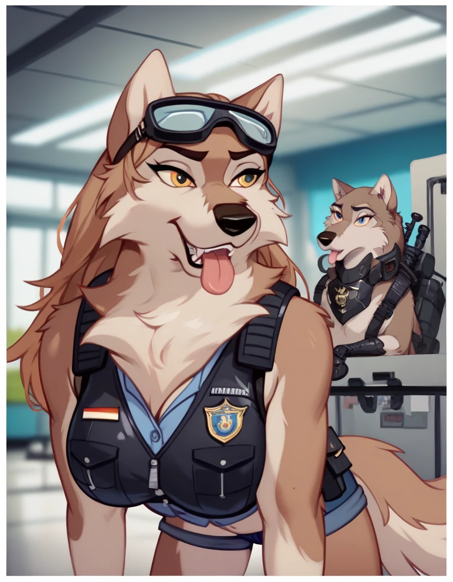 Accurate, Long Hair, High Resolution, Breasts, Tongue, Border, Goggles, Depth Of Field, Behance, wolf,furry, feral, black armoured police vest, sniffling boxes eith her nose, airport cargo room 