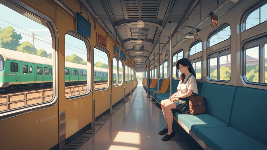 1girl float, barefoot, (raise legs:1.1), (colorful:1.1), (beautiful forest scenery outside windows:1.2), (masterpiece, best quality),1girl sitting on a subway train, looking to the side, subway car door, from below, solo focus,