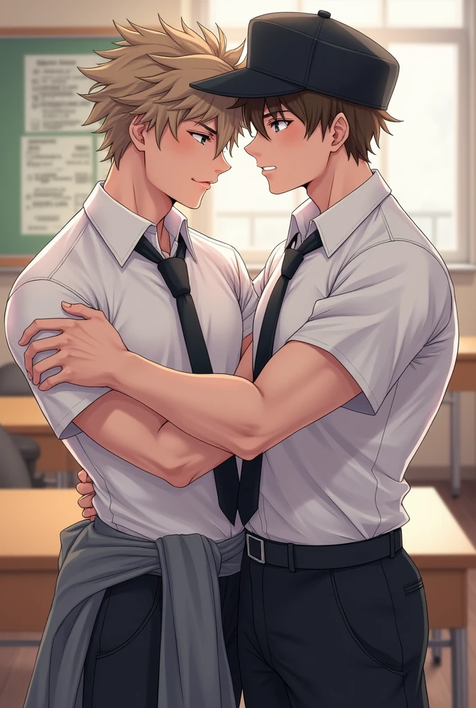 Young male office worker, handsome, cocoa brown hair, green mixed with blue eyes, anime ; hug his big boss , blonde hair, blue eyes, tall; they brush, face to face; manga Japan