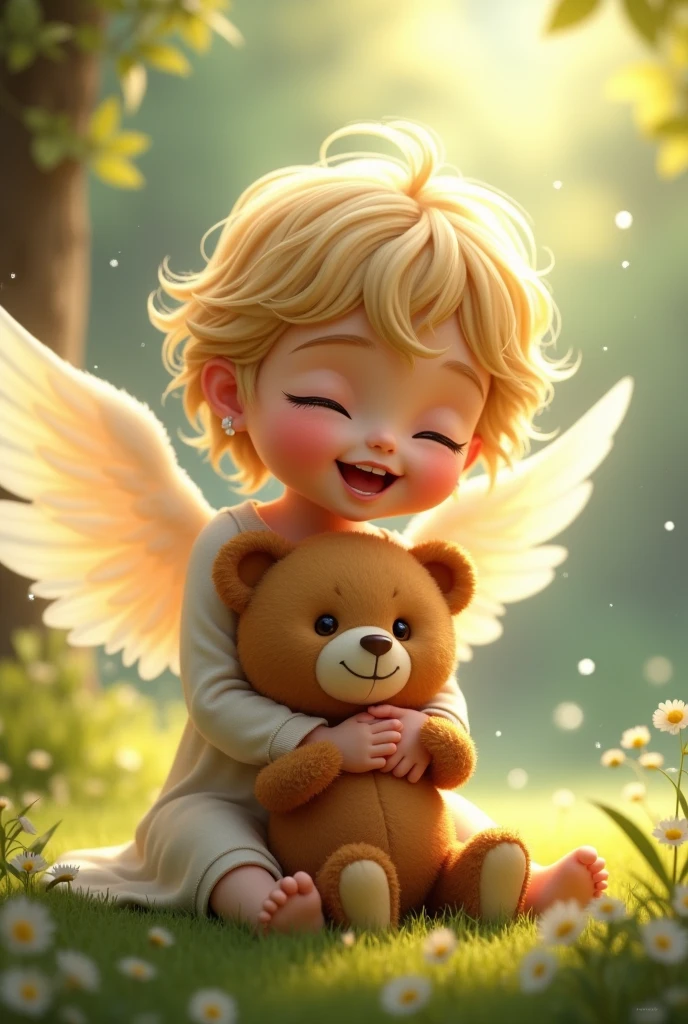The image portrays a tender and whimsical scene of a young angel child with curly blonde hair, sitting among soft, fluffy clouds. The child is dressed in a light, flowing outfit, and appears to be deeply engaged with a small, plush teddy bear. The background is filled with pastel-colored clouds, floating balloons, and softly glowing lights, giving the scene a serene, dreamy quality. Small, fluttering creatures, possibly fairies or birds, add a magical touch to the atmosphere, making the entire scene feel like a peaceful moment in a fantasy world.