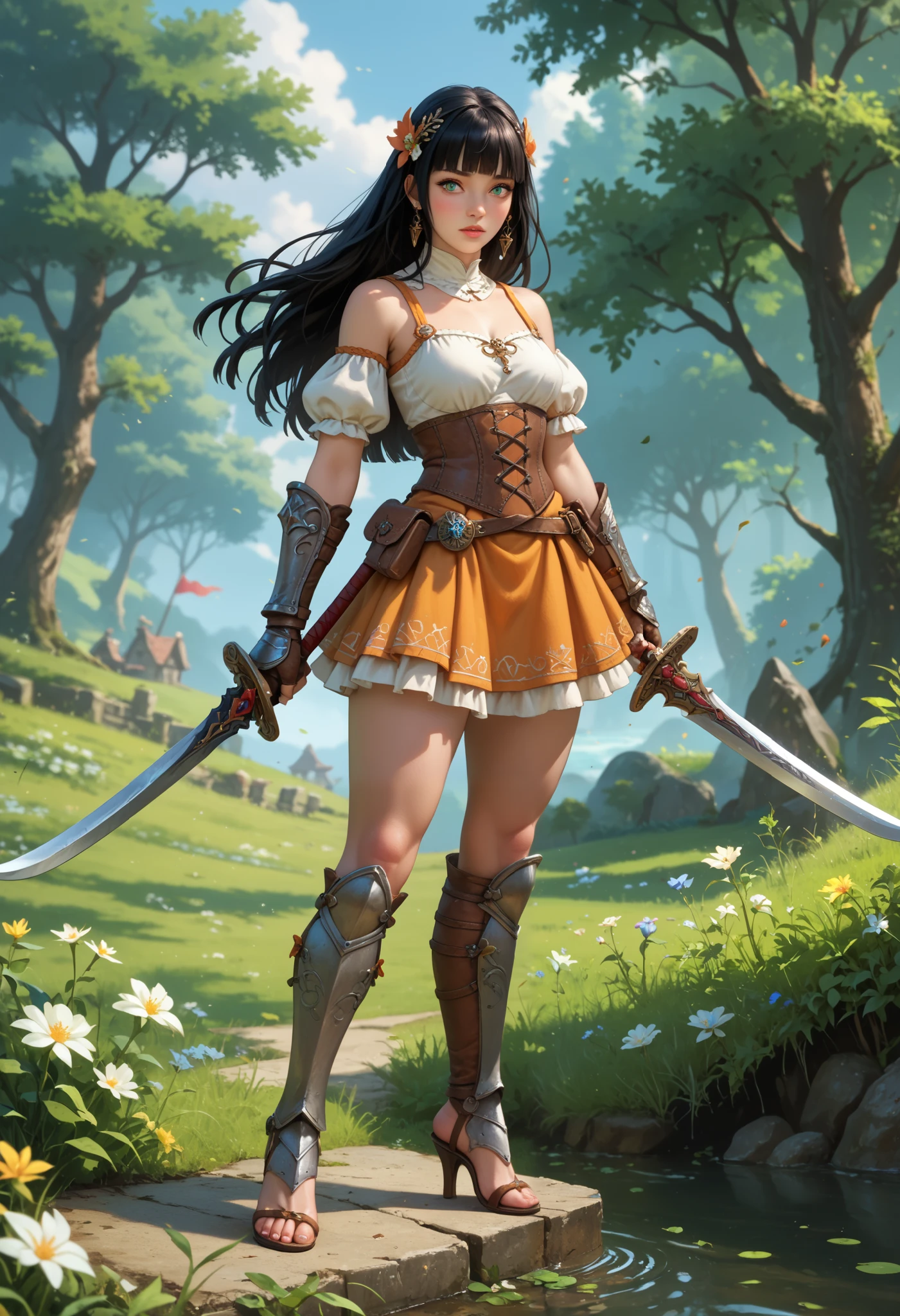 Song Eu-na is a youthful 18 yo female adventurer in a world of medieval high-fantasy story. Her job is warrior. Rocking that luscious long jet-black hair with blunt bangs and deep emerald eyes, she's also sporting a 90-62-100 B-W-H size. Her model long legs with thick thighs are to die for, both literally and figuratively. Her beauty is an epitome of natural, beauty. Her choice of armor are light and a bit revealing, western fantasy-style chest plate, mini skirt, gauntlets, heeled greaves. Sword. High fantasy-like, character for jrpg, masterpiece, best quality,