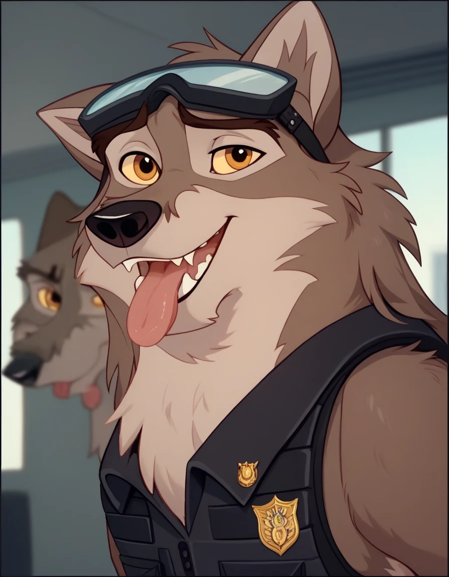 Accurate, Long Hair, High Resolution, Tongue, Border, Goggles, Depth Of Field, Behance, wolf,furry, feral, black armoured police vest, sniffling boxes eith his nose, airport cargo room 