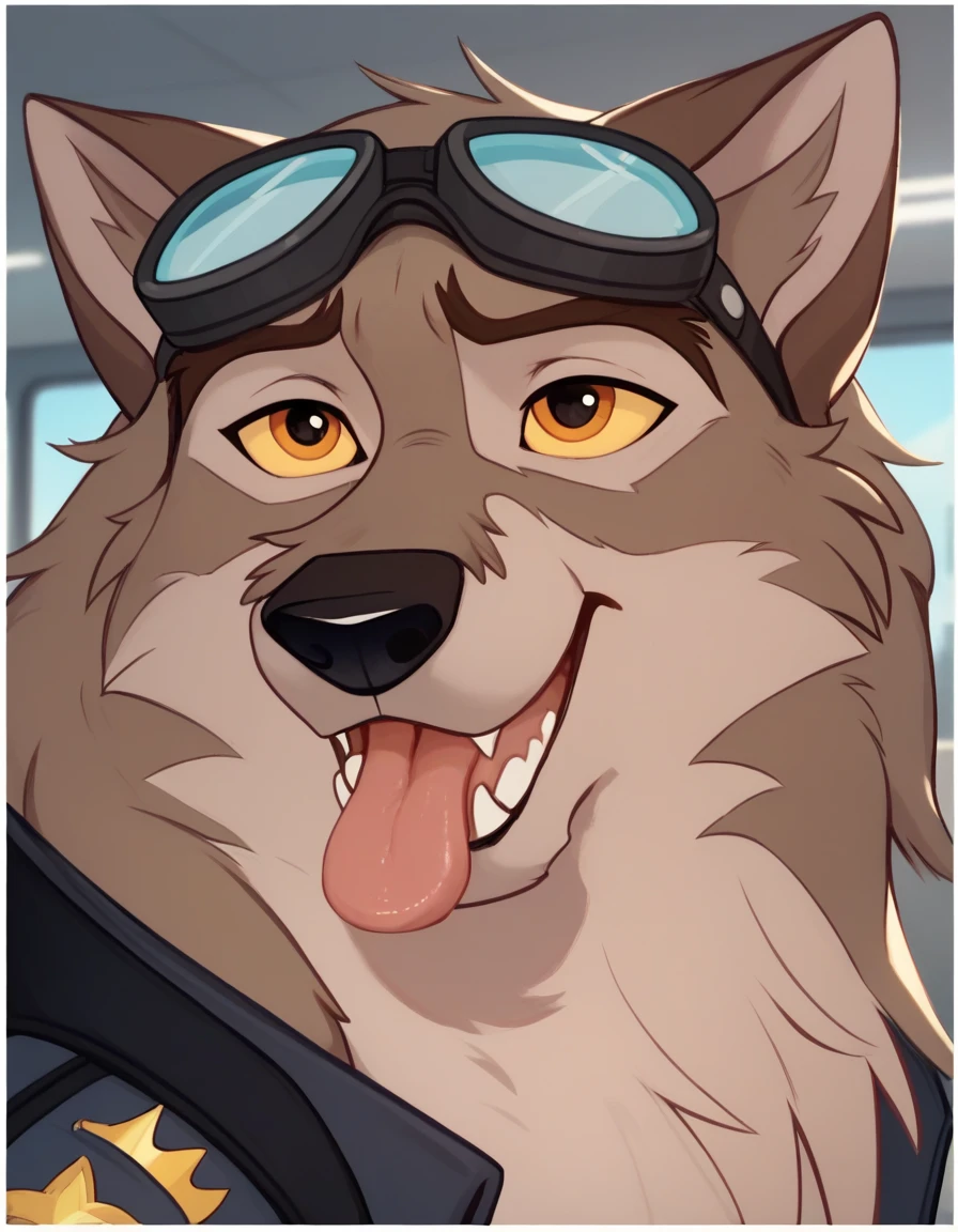 Accurate, Long Hair, High Resolution, Tongue, Border, Goggles, Depth Of Field, Behance, wolf,furry, feral, black armoured police vest, sniffling boxes eith his nose, airport cargo room 