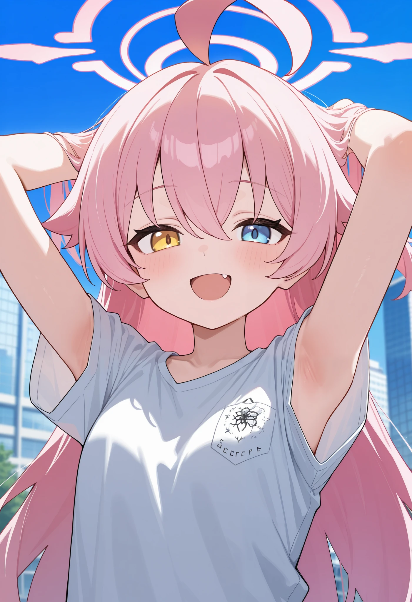 (masterpiece, best quality, high quality, highres, ultra-detailed), 1girl, Hoshino, pink hair, solo, heterochromia, long hair, blue eyes, fang, ahoge, yellow eyes, looking at viewer, hair between eyes, smile, upper body, open mouth, pink halo, building, arms up, armpits focus, white shirt, simple background