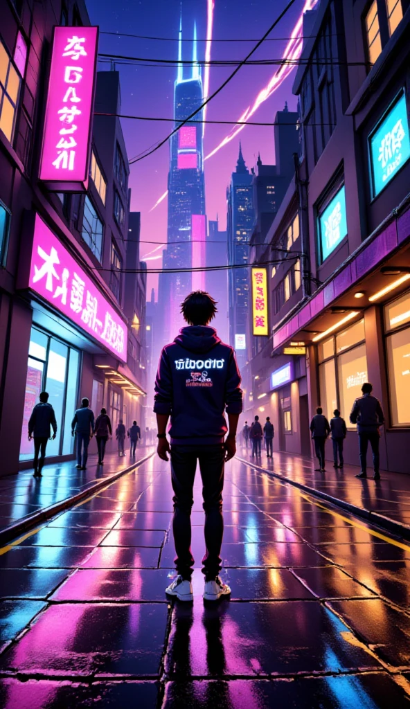 anime парень, road, sidewalks , city,  Neon text on a t-shirt : AvasKorpion , neon sneakers ,  neon outline,, Night.anime,  stands in front of the camera ,  стиль anime, 2d