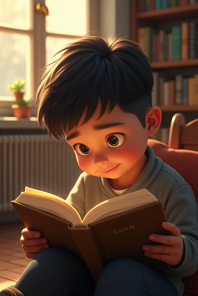Child studying with a smile and a look of enchantment at the book in his hands
