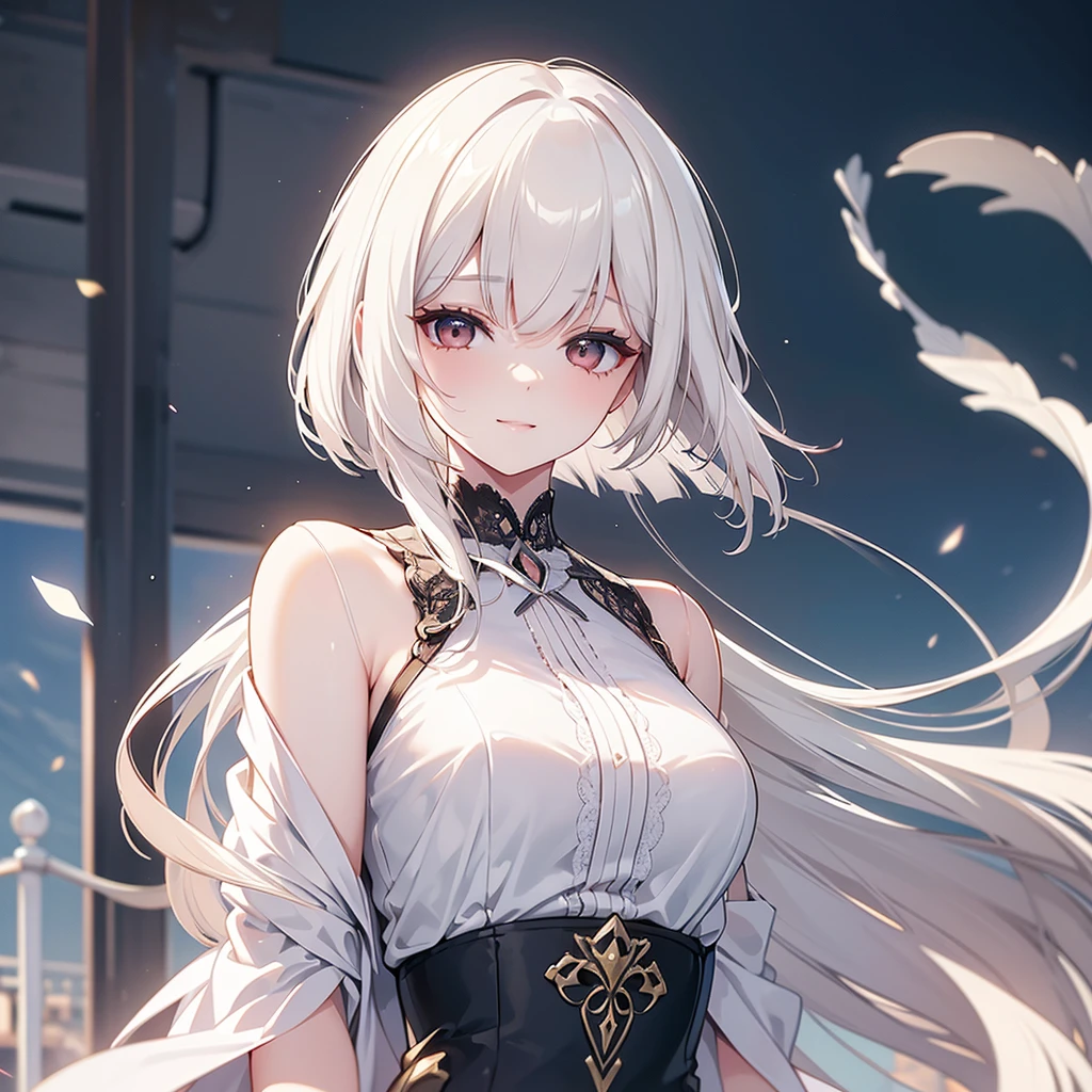 An albino girl in both hair and eyelashes, a warm look of black eyes and a beautiful black dress with big breasts and pointed ears with a bookstore background