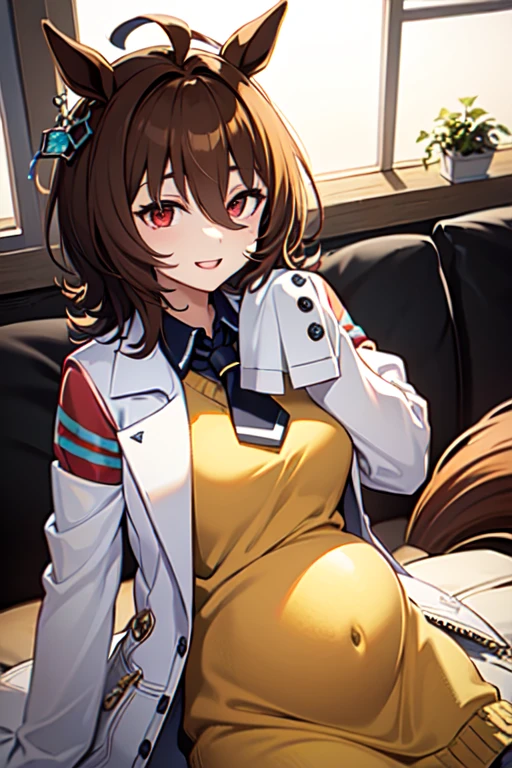  Agnes Tachyon 、Horse Girl、One person、 girl、Horse ears、Horse tail、 earring on one side 、Red eyes、 lines in eyes 、 shorthair、 brown hair 、Jacket、（White coat:1.2)、(bigger sleeve than wrist :1.1)、 yellow big sweater、 ties、 black pantyhose 、Stray hair、best qualty,evil smile、slender 、pregnant women