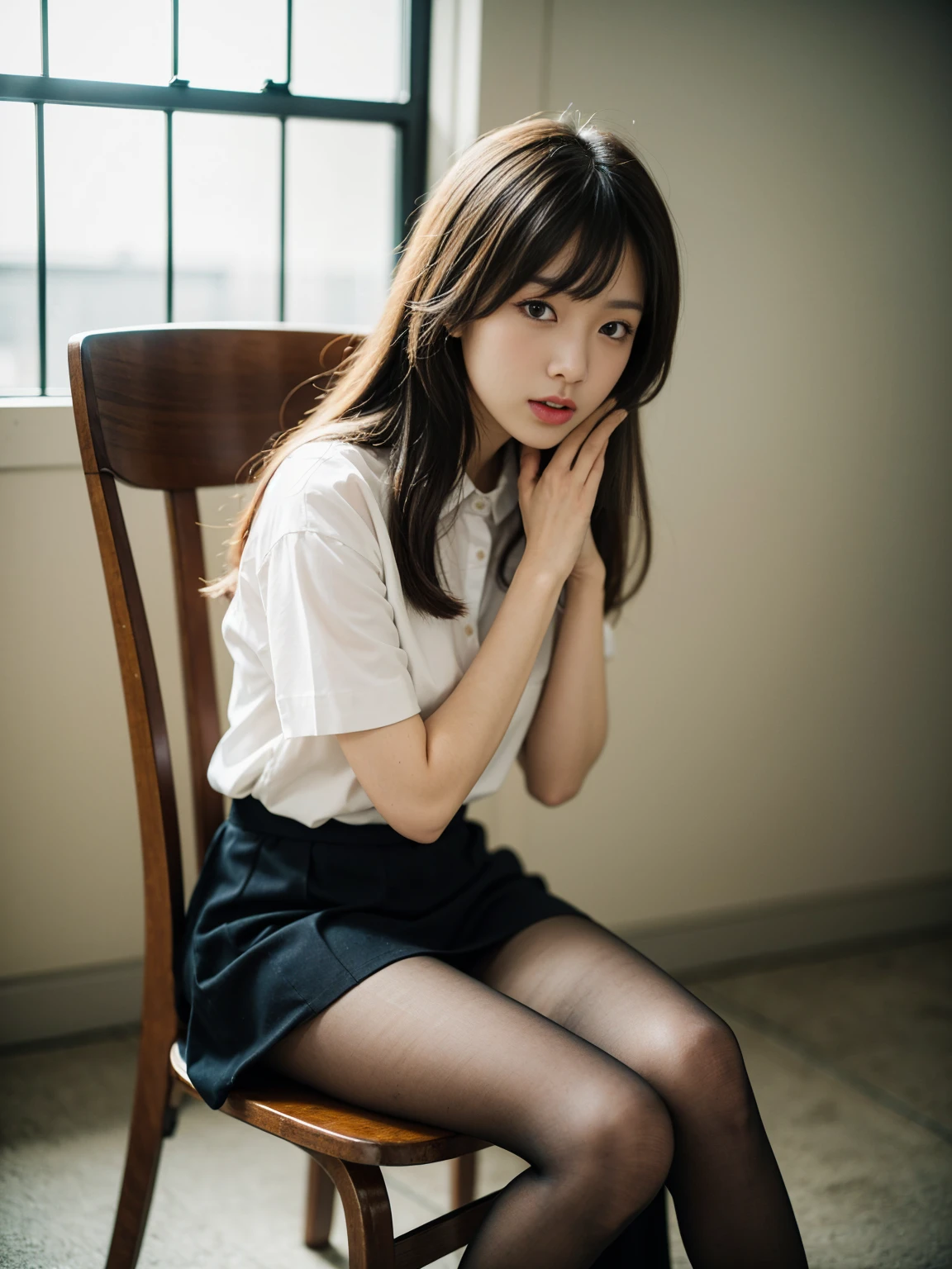 美しい日本の girl、 girl、 sitting on a chair 、8k、 super detailed、 top quality、（ photorealistic：1.4）、（Unconscious：1.4）、（ No Emotion：1.4）、 half open mouth 、Satin shirt、 black skirt、 black pantyhose、（whole body：1.5）、（ very long hair ）、1人の girl、solo、 simple background、Inside an empty concrete studio、 First Person View 