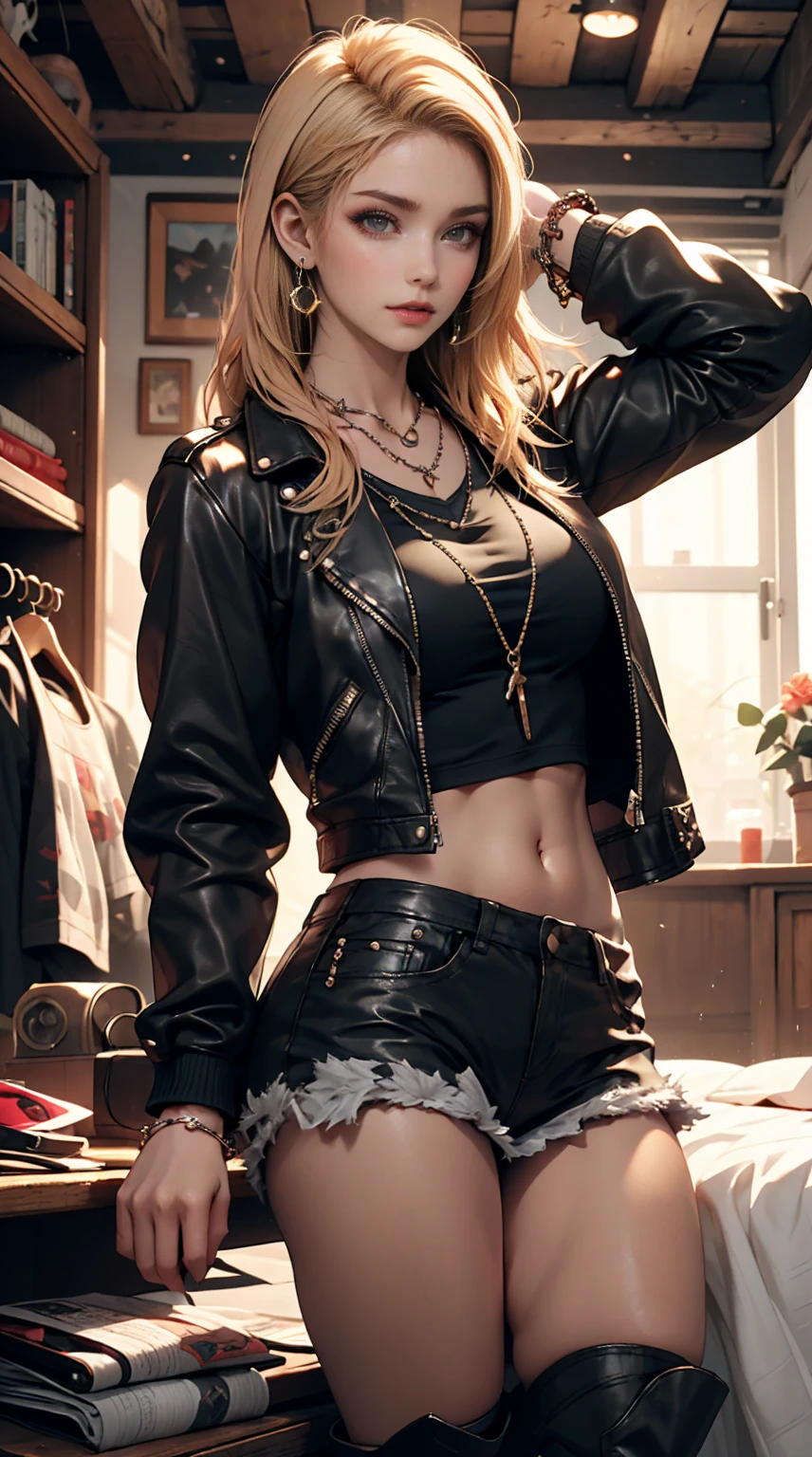 mouth,  girl, Lonely,  in a messy room, guitar, 、 spike color 、 24-year-old white woman 、 sexy proportions、 punk rock fashion 、 black shirt 、Midriff leather jacket、Leather shin guards、 gorgeous makeup、 long hair、 Rosary Necklace 、Rosary Earrings、Wearing pointed bracelets on one&#39;s wrist、 High Heels Long Boots 