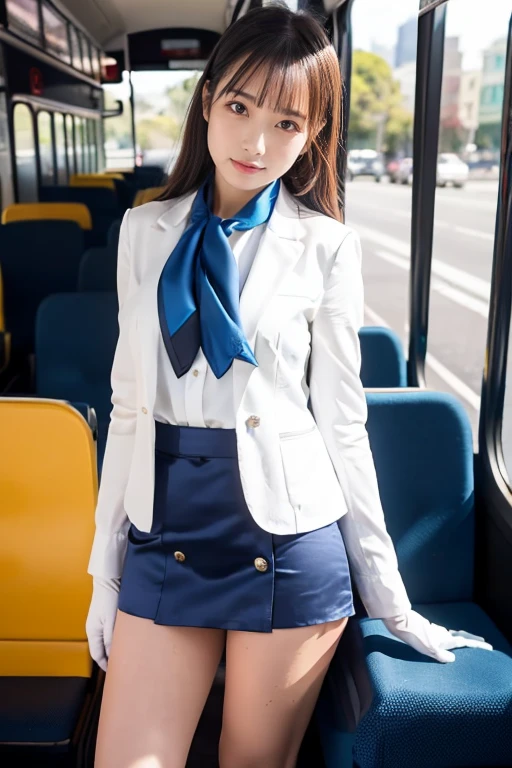  1 Woman 、Alone、(Super beautiful)、( beautiful face:1.5)、 Bus Guide、( feet )、(show me your white panties:1.1)、 Bus Guideユニフォーム、( White Collared Shirt :1.5)、(Blue tailored jacket:1.4)、( miniskirt:1.3)、(Satin scarf:1.5)、(Thin white gloves)、 high heels、 has 、(Bus seat)、(At S.F.W.:1.6)