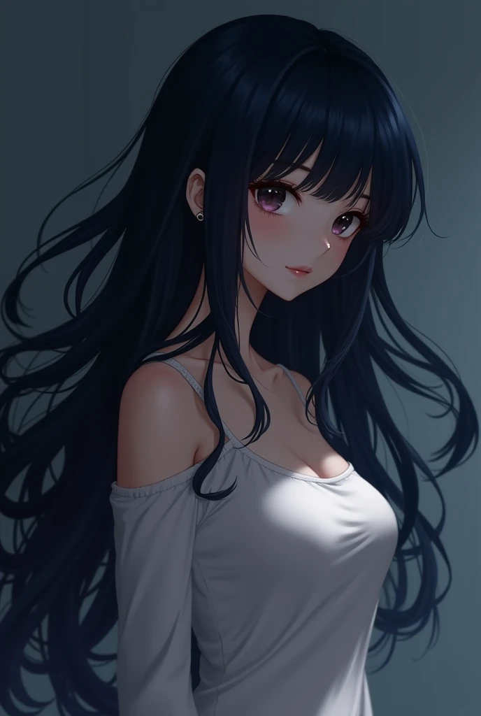 A black hair korean woman with long and have a bangs, has a double eyelid, high bridge nose, small face, V shaow face and a sexy body and naked
