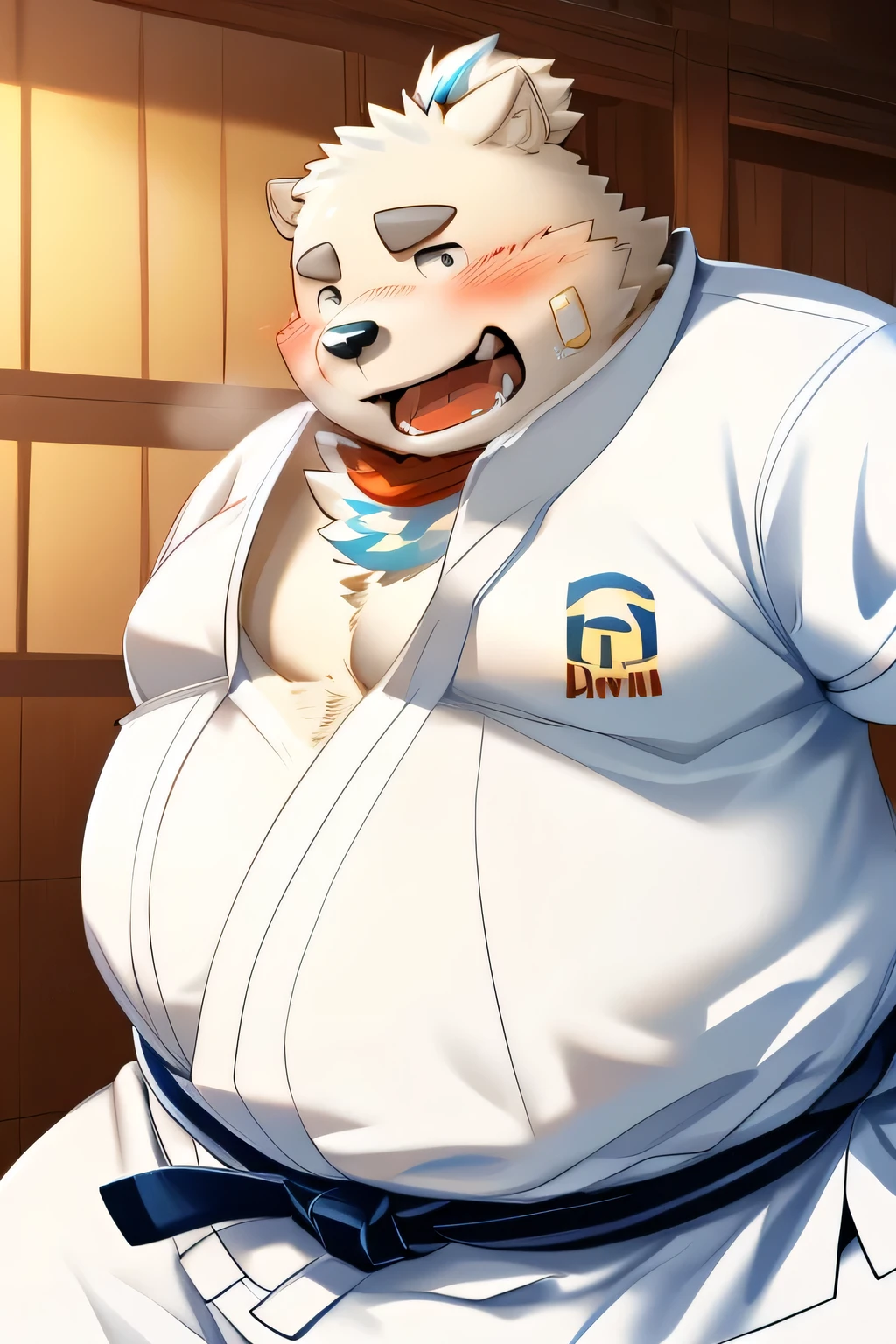 （@mind_By Drive）Gained weight、Being overweight、Dog Beast Man、fur、Fluffy、  cute、blush、saliva、 white judo uniform、Black Belt