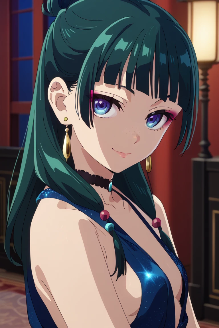 1girl, maomao, solo, green hair, long hair, blue eyes, BREAK blunt bangs, earrings, jewelry, freckles, straight hair, hair over shoulder, hair beads,  makeup, pink eyeliner, low twintails,, small breasts, pale skinned,    dynamic angle, takeda hiromitsu style,    dark blue evening dress with plunging neckline, golden earrings, golden rings, black choker with shining rhinestones, sideboobs, looking at viewer, soft smile, lovly smile,  petite, beautiful, night, 