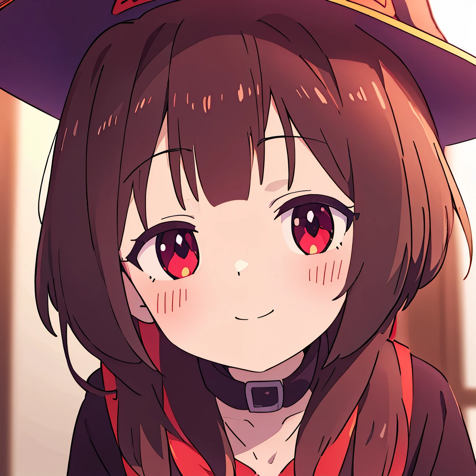 megumin,sexy detailed face,cute detailed face,extremely detailed eyes and face,long eyelashes,best quality,hdr,ultra-detailed,professional,vivid colors,portraits,warm tone,studio lighting, close up, face, witch hat, smug