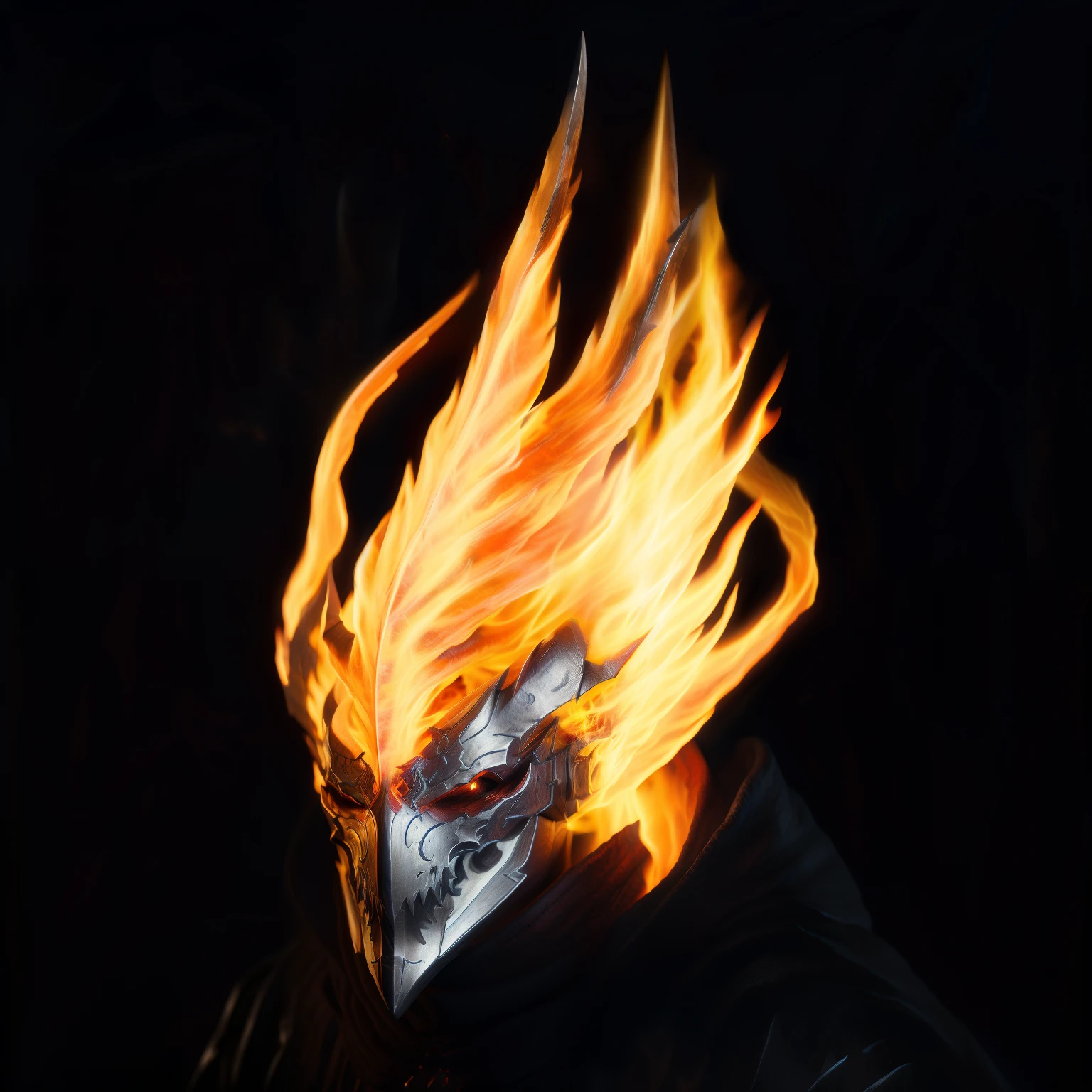  Diablo Conceptual Art ， Closeup of a Fire Mask with Flames，Metal Mask， Crimson Flame Head ， Burning Mask ， Inventory Items in Heroes ，Ghost Rider，Burning Reaper ，Flame Demon， HD，4K