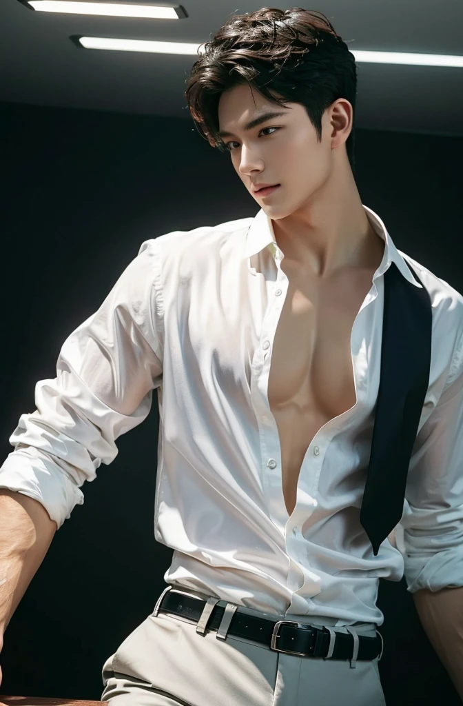 ( (8K:1.27), 4K,best qualtiy, tmasterpiece, 超高分辨率:1.2) Chinese man photo, young male,Perfect face,perfect bodies,white shirt,clothes see-through,Expose abs,realskin,super detailing