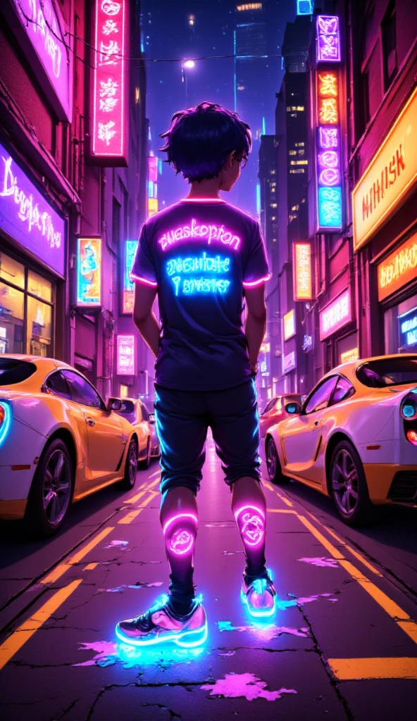 anime парень, road, sidewalks , city,  Neon text on a t-shirt : AvasKorpion , neon sneakers ,  neon outline,, Night.anime, stands facing the camera,  стиль anime, 2d