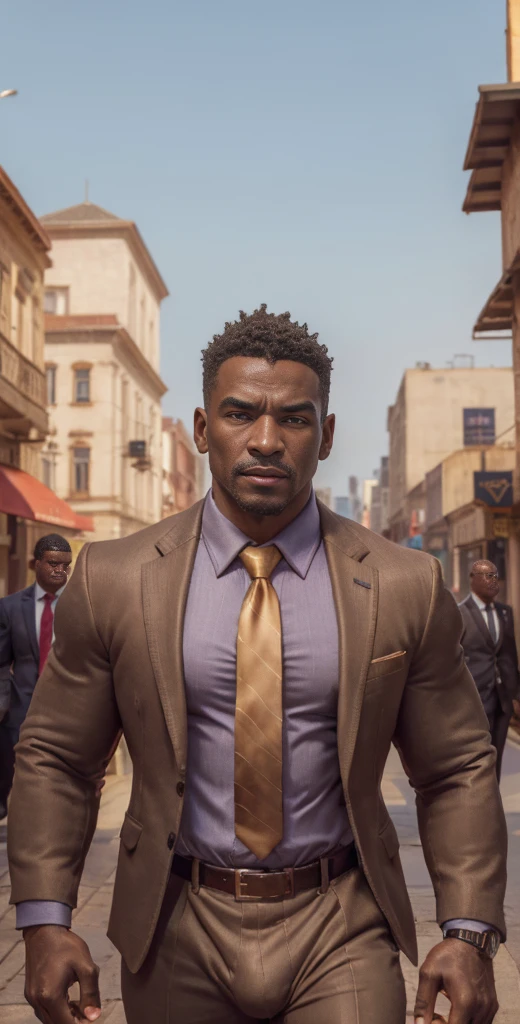 photo of muscular (39y.o African American) in a worn ((wearing a zegna business suit and tie, shirt, jacket, belt, mixed-up with goldentech:1.2)), big pecs, big arms, large bulge, ((light bokeh)), intricate, (steel metal [rust]), elegant, erotic, exuding sexual energy, homoerotic, sharp focus, photo by greg rutkowski, soft lighting, vibrant colors, (masterpiece), ((streets)), (detailed face), looking at viewer, 