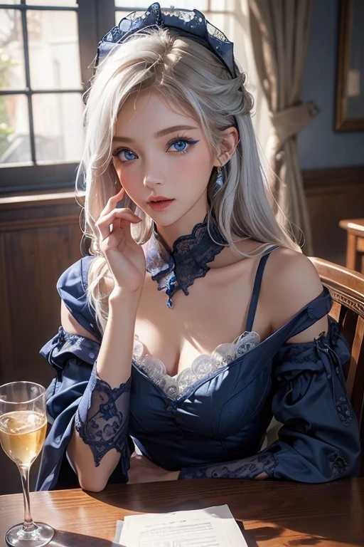 photorealistic, high resolution, soft lights, 1women, solo, hips up, blue eyes, white hair, long hair, maid costume, hips up, jewelry, tattoo