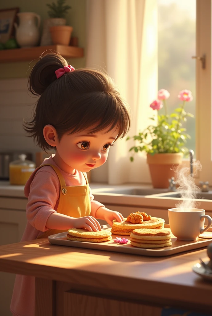 A girl eating pancakes with lots of honey, with a Winnie the Pooh teddy bear in her room, watercolor, cartoon style illustratio