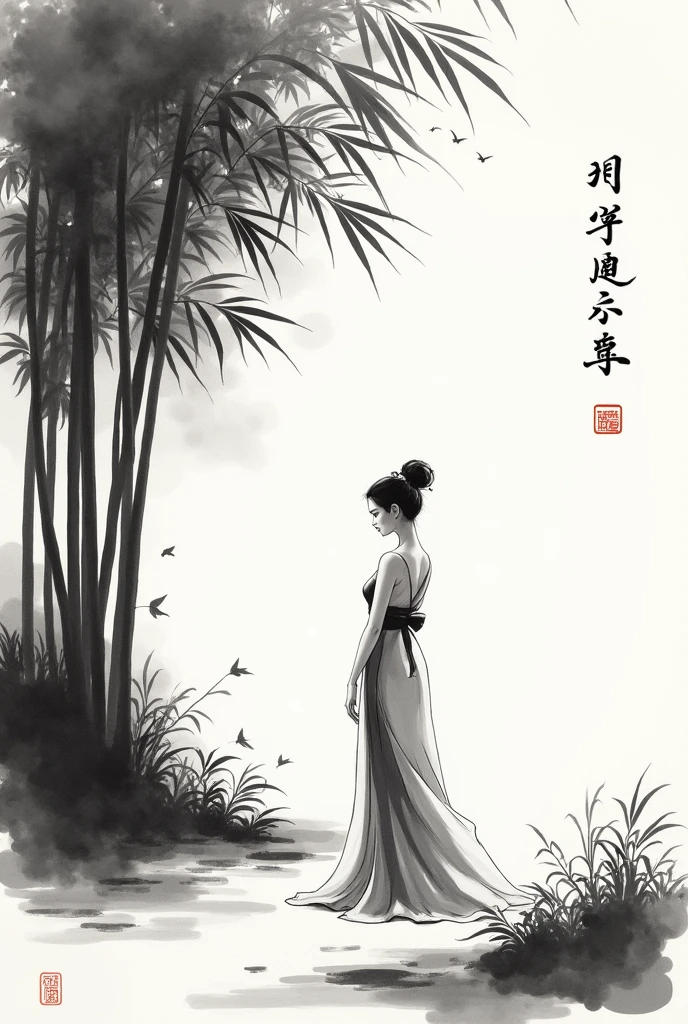 girl,black and white painting,Outline with black ink,smooth lines,通过墨迹的浓淡对比展现girl的表情和姿态,The background is simple,emphasize light, shadow and space,lots of white space,Use thick and light inks to create light and dark changes and layers,Choose the right ink color,Such as deep black、Thick gray、Light coffee, ETC,Express different situations and atmospheres,Control the gradient and transition of ink colors through the humidity and consistency of the ink,black and white tones, 中国传统ink painting, Chinese traditional art, ink painting, 中国ink painting, Chinese painting style