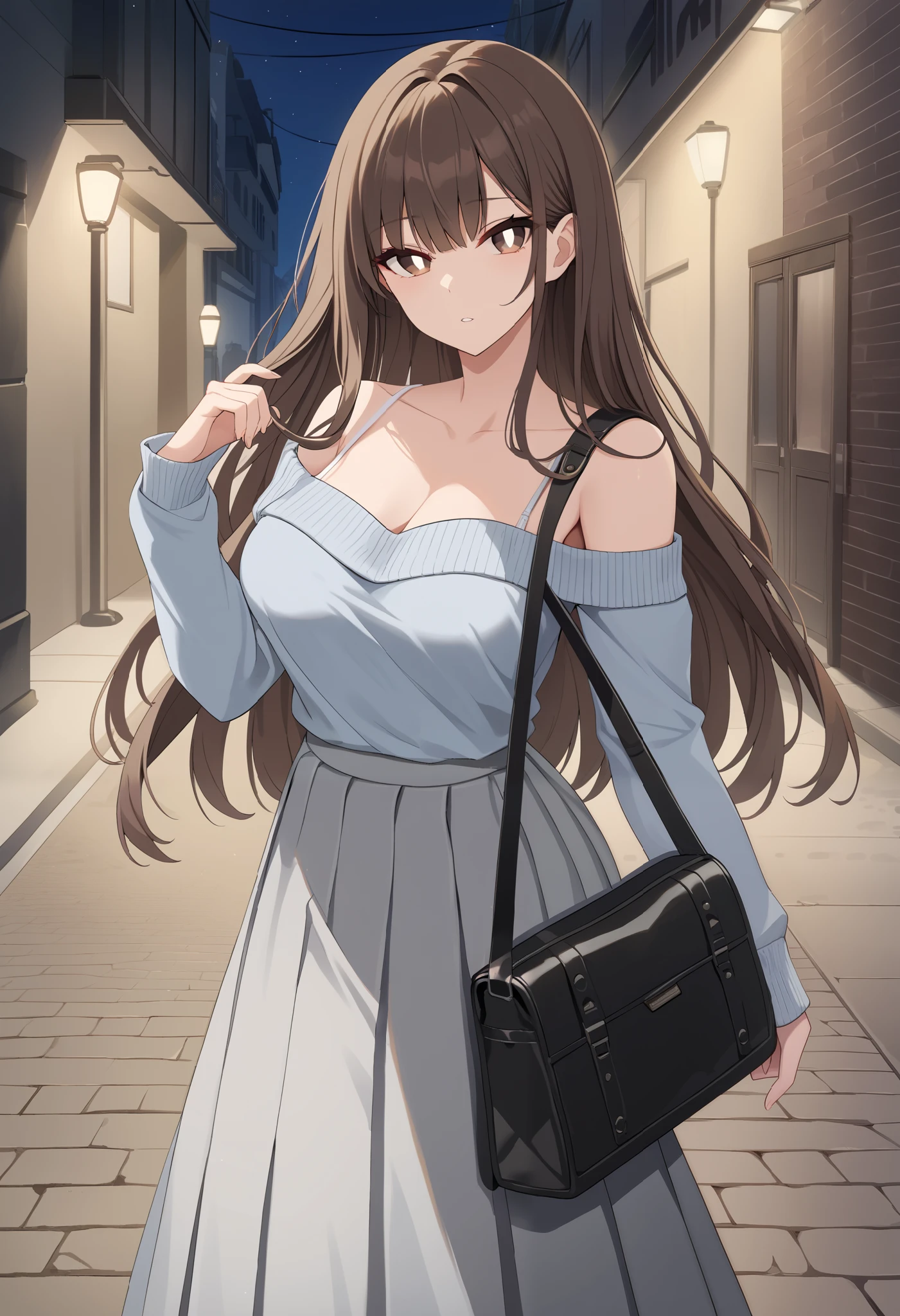 1girl, solo, brunette hair, long hair, bangs, brown eyes, white pupils, parted lips, medium breasts, light blue sweater, shoulderless, spaghetti straps, gray skirt, long skirt, pleated skirt, leather bag, score_9, looking at viewer, outdoors, alleyway, night