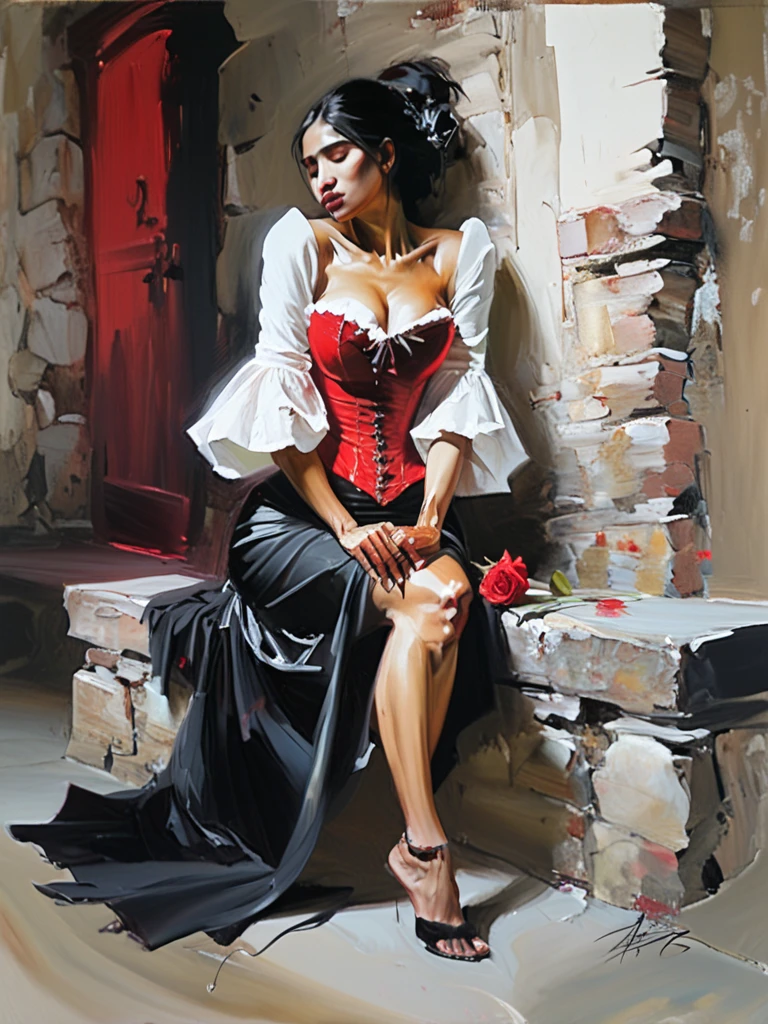 Very authentic painting by (Fabian Perez:1.3) , (Henry Asencio:1.2), (Alessandro Barbucci:1.1),  In this image, La Gitana(Gypsy) woman Of Spain, Andalucia.  a woman who appears to be in a historical or fantasy setting. She is seated against a stone wall that suggests an old or ruined structure. The woman has dark hair styled up and is holding a rose in her hand, which she seems to be smelling. Her attire consists of a red bodice with puffy sleeves and a black skirt, giving the impression of period costume. She also has a cigarette in her other hand, which contrasts with her historical clothing. The image captures a moment that seems to blend elements of past and present. .., master piece, complete body view, beauty, sensual feminine, visible flat brushstrokes, thick layers of paint, .. on dark background, light leaks, The painting is done with loose brushstrokes and vibrant rich imperial colors. The overall mood of the painting is provocative, sensual and intimate, confident posture, (a gap between the legs through which light penetrates)

