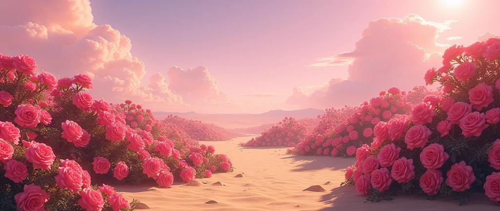 夏天,A desert,Pink clouds,A land overgrown with roses,james gurney,photo of landscape,Pure scenery,Art station rendering,Ultra-wide lens,High- sharpness
