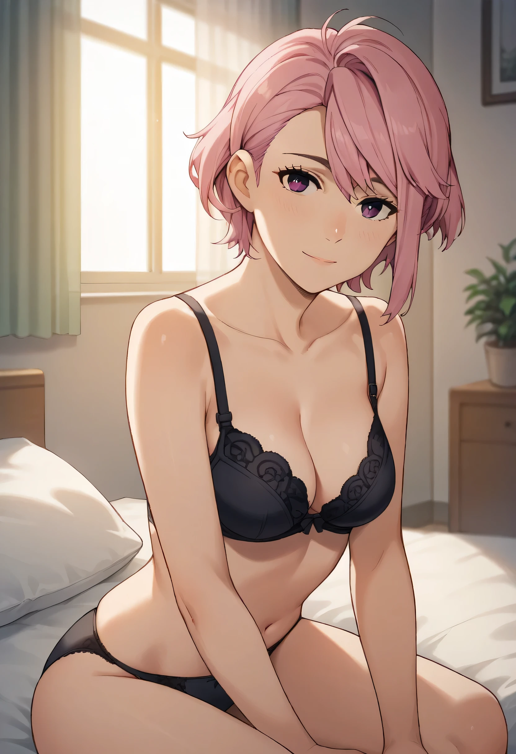 score_9, score_8_up, score_7_up, source_anime, 1girl, solo, looking at viewer, light smile, indoors, aira shiratori, pink hair, short hair, pink eyes, black bra, black panties, medium breasts, bedroom, sitting
