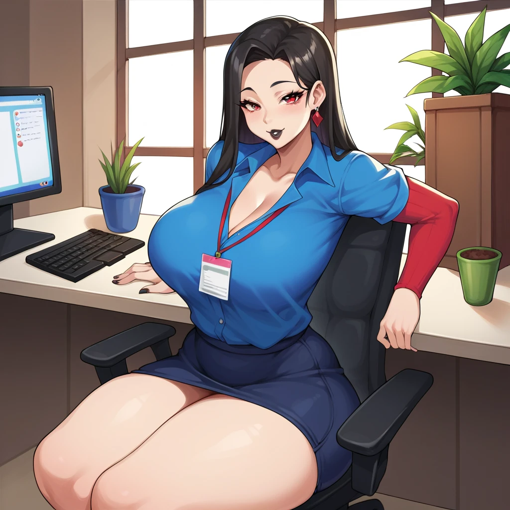 (masterpiece, best quality:1.2), 1girl, solo Girl with black hair, red eyes, big plump black lips and big breasts sitting in a office chair facing towards a computer, typing on the keyboard. next to the window, pots of plants along the floor for decoration, her big butt squished in the office chair, big hips, big thighs, thick legs, skinny waist, big breasts, big butt, anime style, blue shirt with red sleeves, cute, anime girl