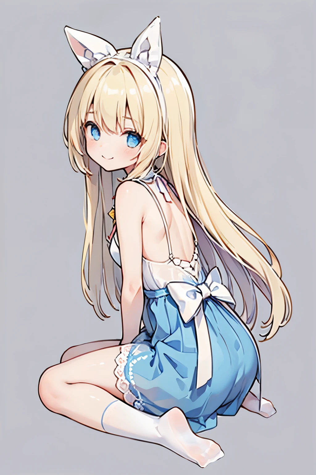  1 girl , alone,  long hair,  blue eyes, Blonde,  Alice in Wonderland、 highly revealing clothes 、whole body、Cute, see-through socks. looks back ,  smiles,  simple background, キラキラエフェクト, 