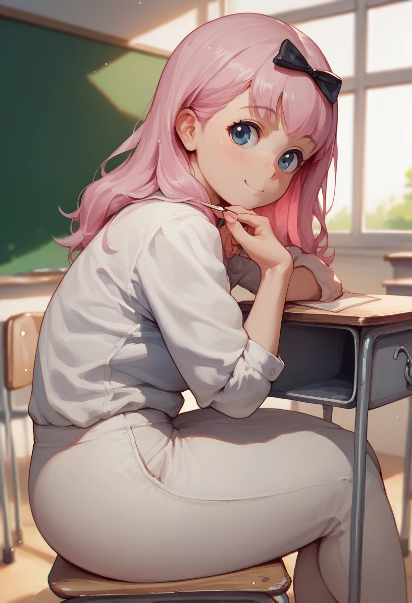 score_9,score_8_up,score_7_up, source_anime, chika Fujiwara, pink hair, sitting in cllas, point of view from side, traditional Classroom, big breas and big ass, cute, perfect body, 