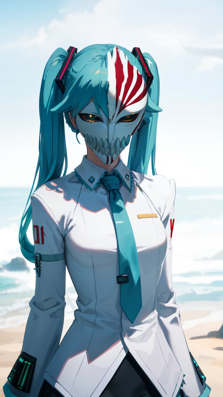 ((hollowfication)), monster girl, hatsune miku, spikes, upper body,