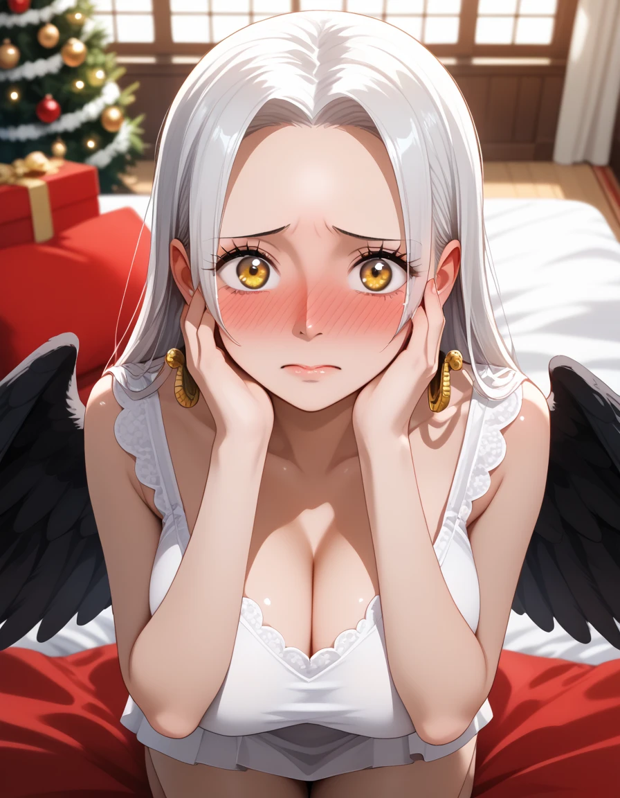 (((masterpiece))), (((best quality))), ((ultra-detailed)), (highly detailed CG illustration), Boa Hancock, (nsfw:1.5), (masterpiece:1.5), Detailed Photo, Sexy, (Best Quality: 1.4), (1girl), Beautiful Face, (White Hair, long Hair: 1.3), Beautiful Hairstyle, beautiful detail eyes, (realistic skin), beautiful skin, absurd, attractive, ultra high resolution, high definition, (sexually aroused:1.5), Pinkish white skin, cool white light, sexy pose, Beautiful , white background, pink soft white light, Wear a white tank top, (bukkake:1.8), , (lying on bed:1.5), (Dark skin: 1.5), (Yellow eyes with black stars: 1.5)  (black wings:1.5),  S-Snake