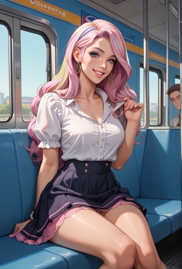  Innocent cute girl with blond hair sitting in the subway ,Flashing thong to the camera,innocent smile, laced underwear , Long black skirt, white blouse Blouse, belle delphine, suggestive pose, eyes begging, saying "please" with her eyes