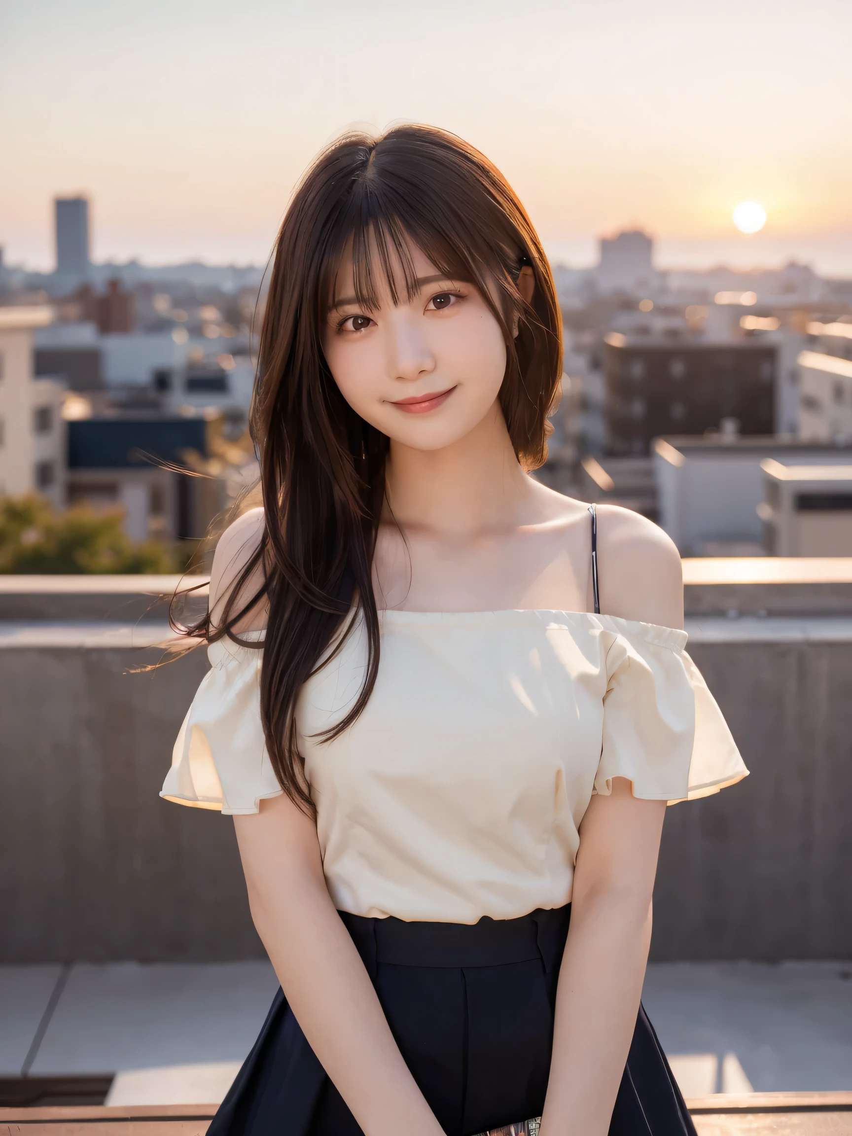 ( top quality, masterpiece on penis :1.3, super high resolution),( super detailed, caustics ,8k),( photorealistic:1.4,RAW shooting), Japanese ,23 years old,cute, standing,( smiles looking at the camera ), black hair、 Super Long Hair, white blouse, off-shoulder 、Knee-length skirt,Strong winds, hair blown in the wind ,rooftop,Backlight,sunset,sunset sky, bust up shot ,( face focus),( face up),Low position, low angle, natural light、 Super Long Hair