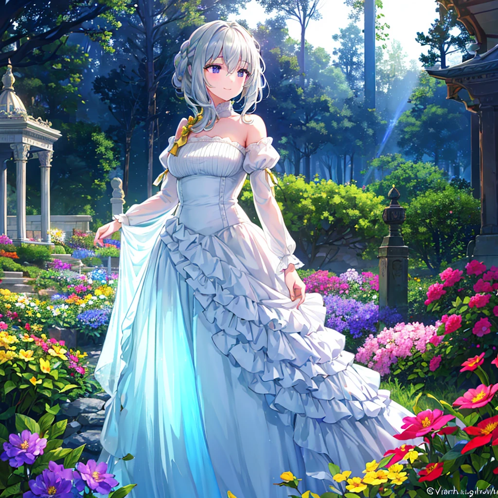 A woman with white hair, blue eyes, wearing a white dress, long white hat, inside a Gazebo in a garden, smiling, big breasts, very detailed, masterpiece, high definition, 4k hd
