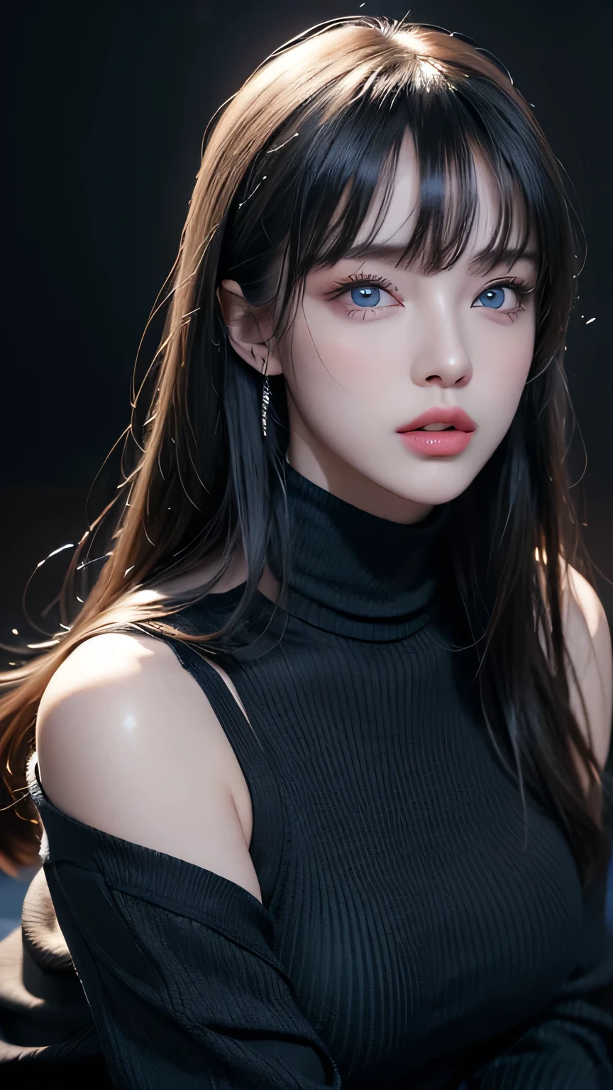 masterpiece, highest quality, Super detailed, Facing the camera, Super detailed, Realistic, Sharp features, Very detailed, Sharp focus, Perfect Face, Perfect Face, Perfect symmetrical perfect eyes, Perfect Plump Lips, Flexible female form, Cinematic, Film Light, Super detailed, hyper Realistic, masterpiece, Atmospheric, High resolution, Vibrant, Dynamic Studio Lighting, ((Dark Background)), The expression when enduring pleasure, Straight bangs, blue eyes,Black sweater, Cowboy Shot,turtleneck、first round、Sexually aroused expression