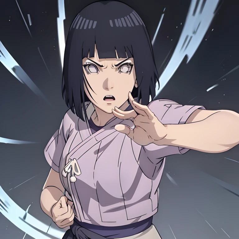Hinata Hyuga (NARUTO), Full Body, Angry, Anger Vein, 1girl, Solo, High Resolution, Masterpiece, Super Detailed, Textured Skin, Hime Cut, Dark Blue Hair, White Eyes, Tai Chi Stance.
