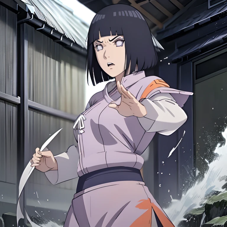 Hinata Hyuga (NARUTO), Full Body, Angry, Anger Vein, 1girl, Solo, High Resolution, Masterpiece, Super Detailed, Textured Skin, Hime Cut, Dark Blue Hair, White Eyes, Tai Chi Stance.