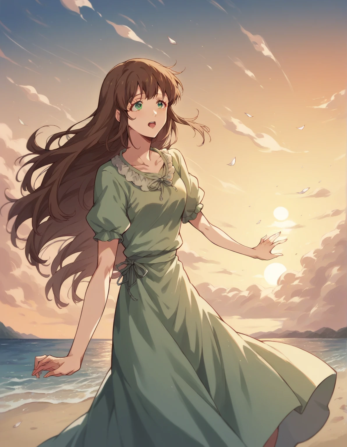 Hina Tachibana, long hair, brown hair, green eyes, Summer Dress, long dress, Beach, wind, pleasure, sunset, hat
