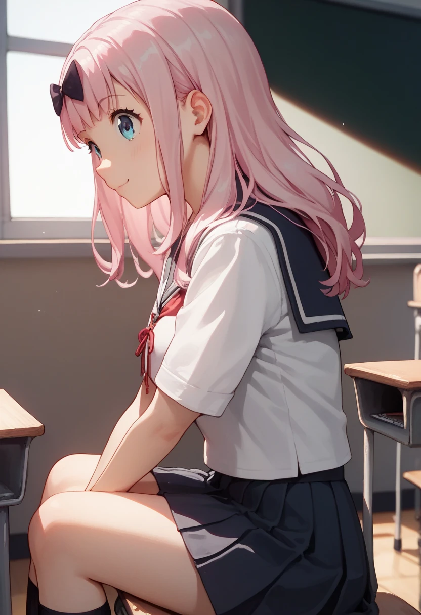 score_9,score_8_up,score_7_up, source_anime, chika Fujiwara, pink hair, sitting in cllas, point of view from side, traditional Classroom, big breas,cute, perfect body, school uniform, she study, 