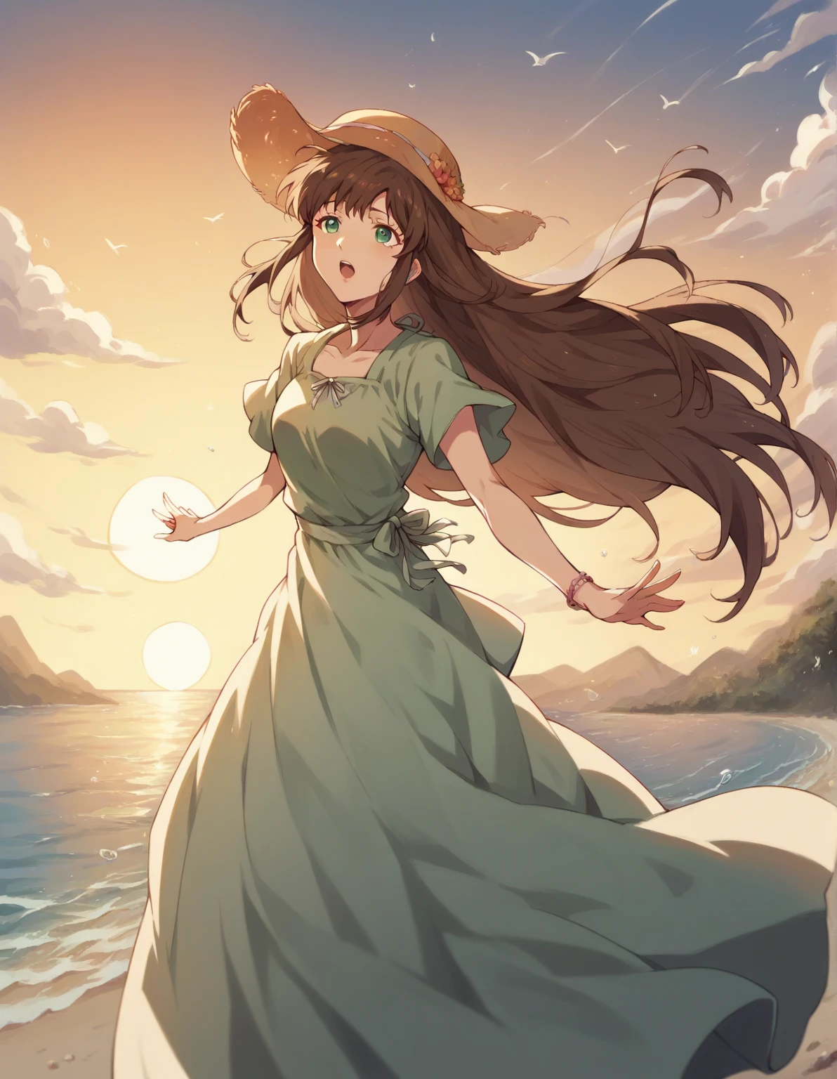 Hina Tachibana, long hair, brown hair, green eyes, Summer Dress, long dress, Beach, wind, pleasure, sunset, hat
