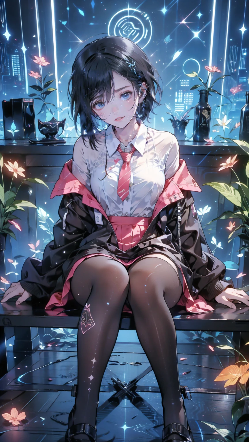 an anime girl with Glasses and a  skirt sits on ground and poses,  1 girl , Alone,  skirt,  has ,  shirt, white  shirt,  pantyhose,  red eyes, Glasses,  black hair , shoes, red  skirt, Check pattern  skirt, Viewers, Open clothes, Check pattern, collared  shirt, ,  Long Sleeve ,  closed mouth ,  sitting, black  pantyhose, indoor, bangs, short hair, 黒縁Glasses,  Brown Jacket ,  off-shoulder ,Add XL
