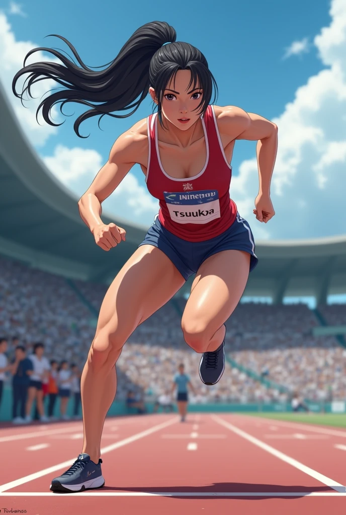  masterpiece, (textured skin), best quality, gorgeous beautiful girl, (a female track and field athlete), detailed clothes,large breasts,narrow waist,, (beautiful face), cinematic lighting, (at track and field ),