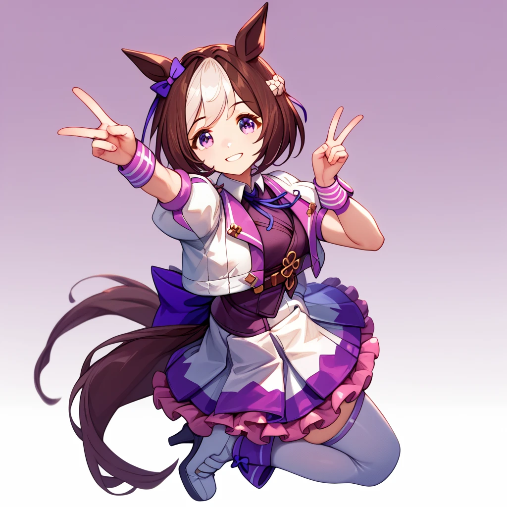 best quality, absurdres, masterpiece, 
special week \(umamusume\), 
smiling, making a V sign, ear bow, purple bow, puffy short sleeves, neck ribbon, blue ribbon, cropped jacket, white jacket, two-tone jacket, collared shirt, white shirt, purple vest, wristband, wrist cuffs, white skirt, pleated skirt, two-tone skirt, frilled skirt, frills, zettai ryouiki, white thighhighs, white footwear, purple footwear, asymmetrical footwear, mismatched footwear, high heels,