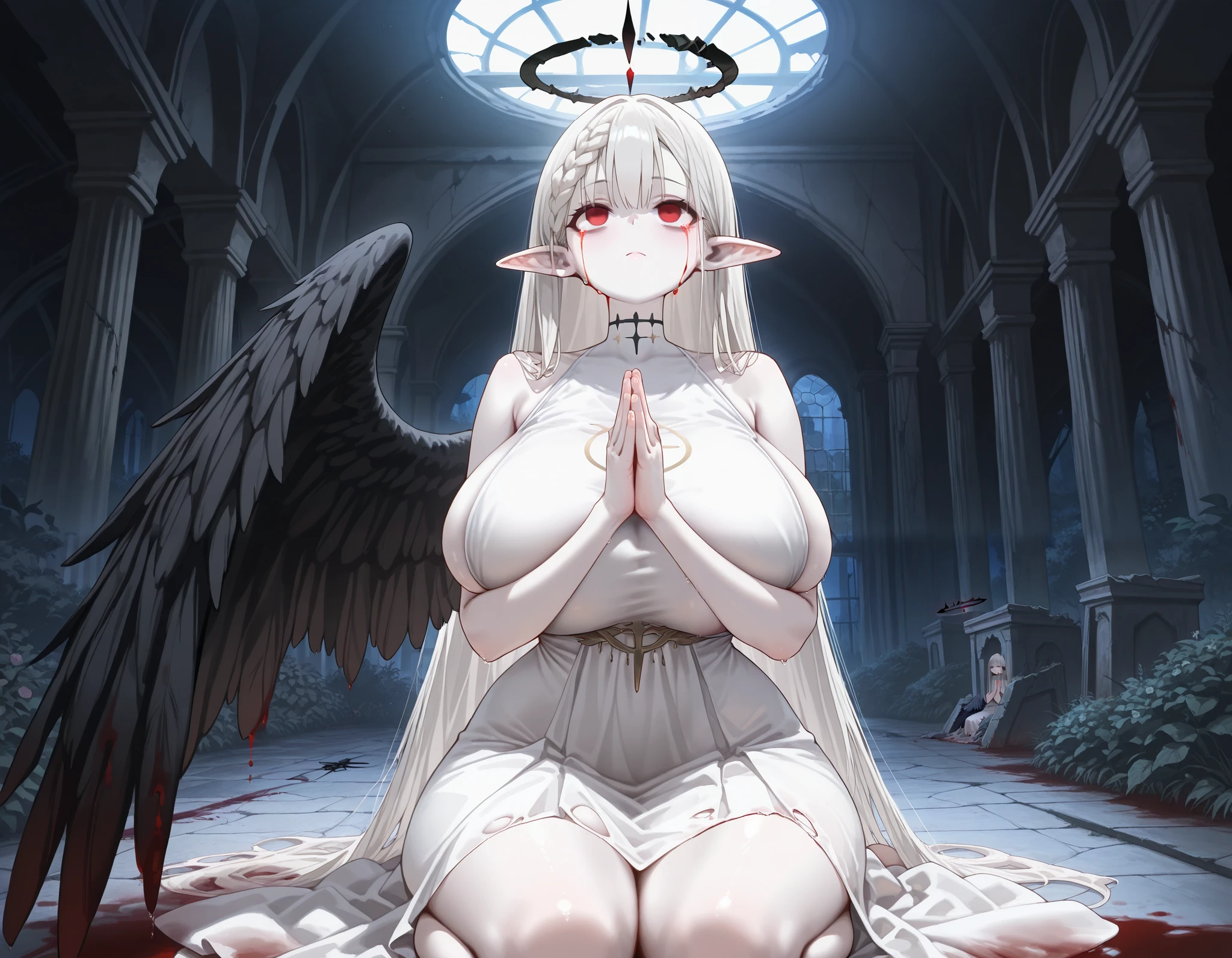 (kinako_(shiratama_mochi) style, ((topless)), nsfw, masterpiece, 1 girl, erect nipples, intricately detailed, topless, navel, bare shoulders, necklace, white hair, long hair, black thong, black angel wings, extremely detailed, bare breasts, puffy nipples, red eyes, fallen angel, bare stomach, sweaty, small breasts, flat chest, arm strap, full body, halo, black wings, feathers, dark, horror, church interior, stained glass, bloodstains, injured, devil horms, long tongue, tongue out, bangs between eyes, hair ornament, flat chest, black sarong, gold thigh strap, young girl, hand cuff, chain, barefeet, soft eyes, crying, fang, altar, candles