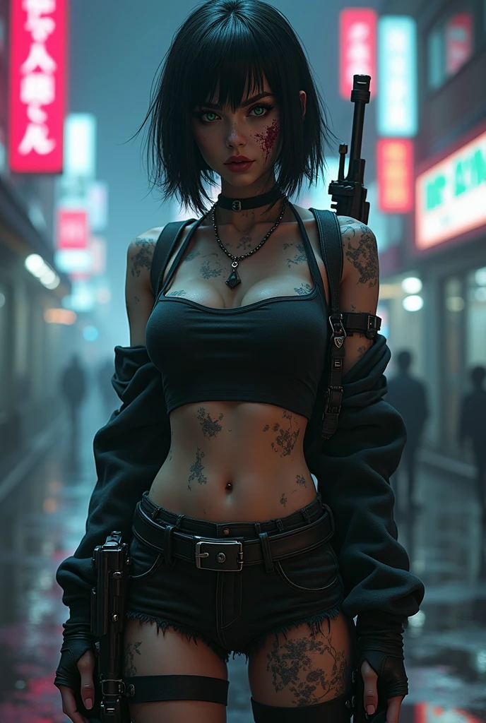 ???? poster,Dramatic scenes,movie-like scene,Murakami Takashi,Pop Culture Art,tattoo,manga,Female ???? Cyborg,long jacket,?? Queen,Mechanical designed tattoo,??????,sadistic queen,sniper,?????? take a pose,Doujin,??????,cute,stylish,?????,???????????, pubic hair,Glamour,pop of color,Psychedelic Costume,dynamic angle,movie-like scene,armored,Cyberpunk dystopian girl,Fantastic dystopia,Dystopian landscape,blade runner,ghost in the shell,realistic,Psychedelic and colorful tones,take a pose,Armed,gun,weapons,masterpiece,ultimate details,8K,detailed background