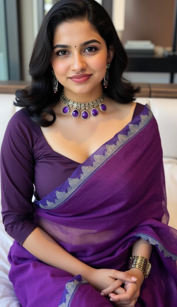 Indian girl wearing purple colour saree sitting on bed huge boobs and purple colour jewellery and looking so sexy